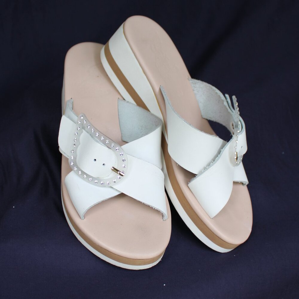 Ancient Greek Sandals Thais Rainbow Crystal White Wedge Crystal leather Buckle
